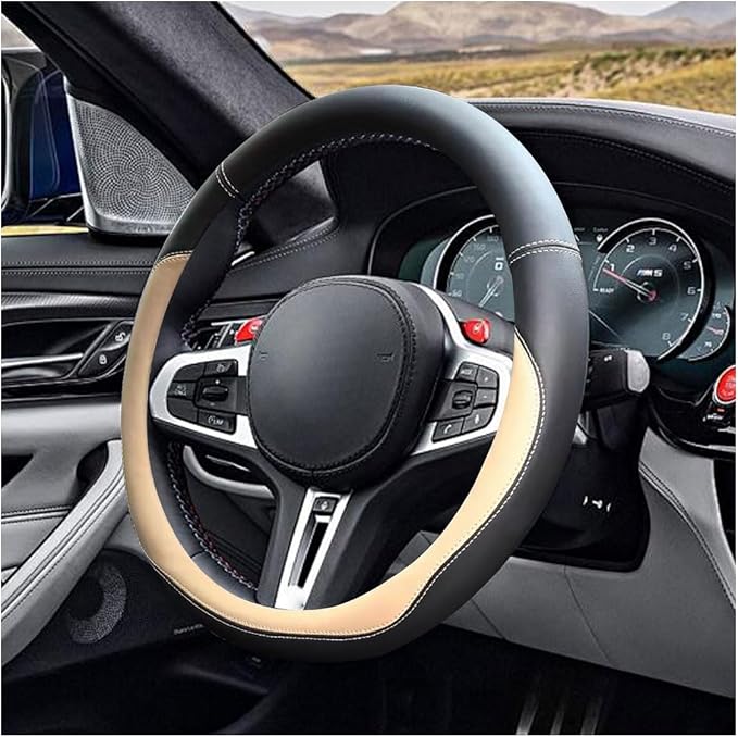 LAINLOY 14.5"-15" Car Steering Wheel Cover, Microfiber Leather Cover, Anti-Slip Breathable Steering Wheel Decoration, Universal Steering Wheel Accessories for Diverse Cars (Beige)