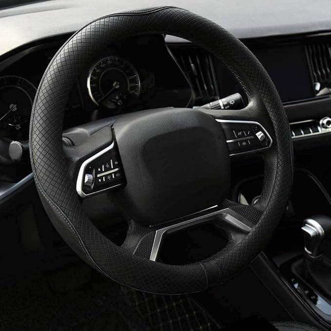 Rueesh Microfiber Leather Steering Wheel Cover Anti-Slip Matte Finish Auto Car Wheel Cover Universal 15 Inch Wheel Cover for Car Embossing Pattern Black Line