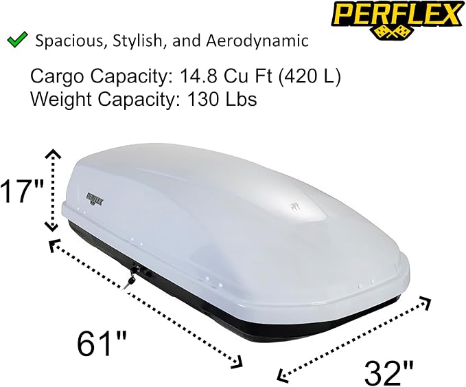 Perflex Journey Roof Cargo Box Carrier 14.8 Cubic Feet Car Top Mount Travel Luggage Storage, Passenger Side Opening, 130 Lbs Weight Capacity, Keys, Strap (White)