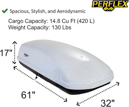 Perflex Journey Roof Cargo Box Carrier 14.8 Cubic Feet Car Top Mount Travel Luggage Storage, Passenger Side Opening, 130 Lbs Weight Capacity, Keys, Strap (White)