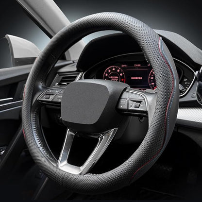 LKWLIKEI Nappa Premium Leather car Steering Wheel Cover, Non-Slip, Breathable, Universal 15 inches,Black and red Blue line