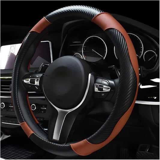 DXNQ Car Steering Wheel Cover, 15 Inch Carbon Fiber Leather Stitching Color Steering Wheel Protector, Anti-Slip Elastic Breathable Steering Wheel Cover Stylish Decor for Most Cars (Black & Coffee)