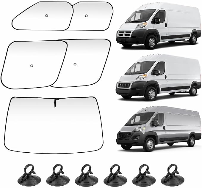 KUST 5-Pack Window Sun Shade for 2014-2025 Dodge RAM ProMaster Interior Accessories Full Size Cargo Van Sunshade Full Coverage Window Shades Silver & Black Shade, Sun Shield Blocks UV Rays Heat
