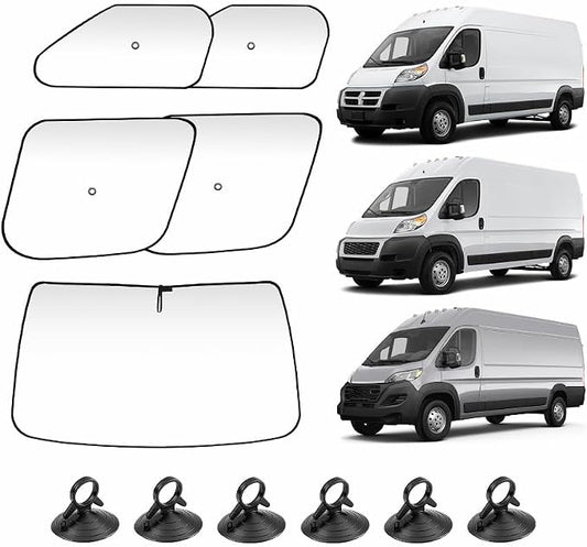 KUST 5-Pack Window Sun Shade for 2014-2025 Dodge RAM ProMaster Interior Accessories Full Size Cargo Van Sunshade Full Coverage Window Shades Silver & Black Shade, Sun Shield Blocks UV Rays Heat