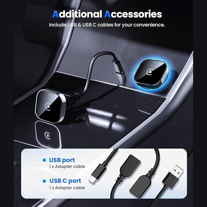 2 in 1 CarPlay Adapter for Odyssey LX EX EXL Touring Elite, CarPlay Wireless Adapter with Auto Reconnect Fast Pairing Bluetooth Connection Compact USB Dongle,A/Silver-Side Heat Dissipation
