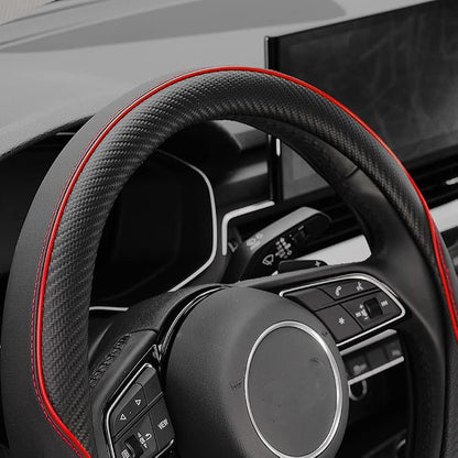 YHONGJT Soft Microfiber Leather Anti-Slip Car Steering Wheel Cover, Universal 15 Inch, Fit Vehicles, Sedans, SUVS, Vans, Trucks - Black with Red Line