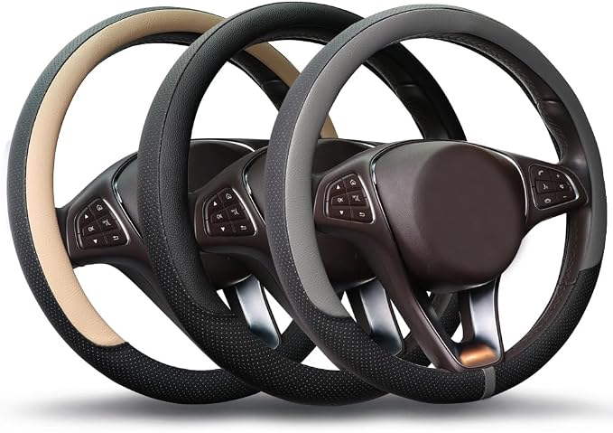 COFIT Breathable Steering Wheel Cover Microfiber Leather with Center Mark Design Universal Medium Size 14 1/2-15 Inch Gray and Black