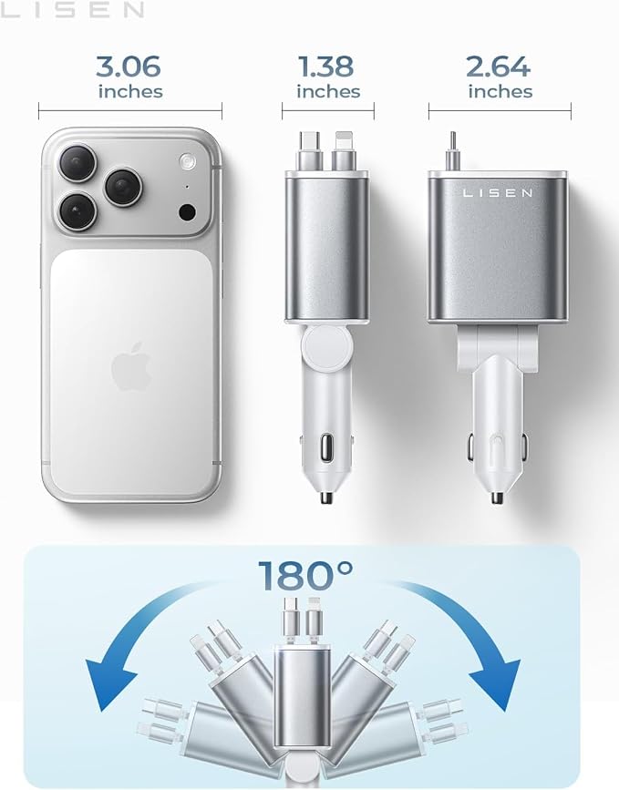 LISEN Retractable Car Charger for iPhone, for iPhone 17 Pro Max 16 15 14 13 12 Plus Mini, Cute 4 in 1 Retractable USB C Car Charger Fast Chareg for Women Men, 84W Fast Charging Car Accessorie | Multiple Ports Car Charger, Retractable Car Charger Fast C...