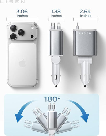 LISEN Retractable Car Charger for iPhone, for iPhone 17 Pro Max 16 15 14 13 12 Plus Mini, Cute 4 in 1 Retractable USB C Car Charger Fast Chareg for Women Men, 84W Fast Charging Car Accessorie | Multiple Ports Car Charger, Retractable Car Charger Fast C...