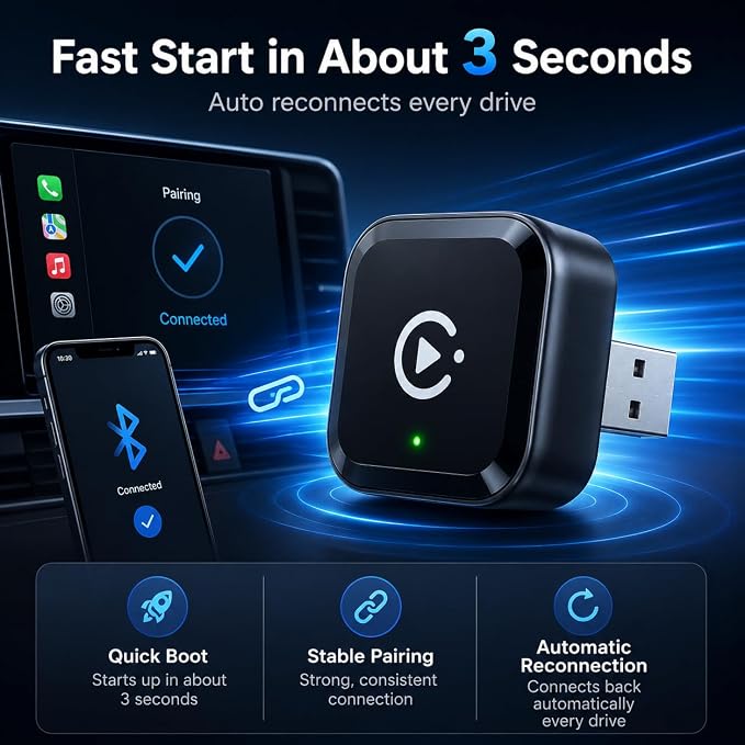 2026 Wireless CarPlay Adapter for iPhone & Android Auto, Mini Wired to Wireless Car Play Adapter, Fast Low-Lag Auto-Connect Bluetooth CarPlay Dongle, Stable Connection, USB & Type-C for Cars