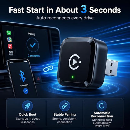 2026 Wireless CarPlay Adapter for iPhone & Android Auto, Mini Wired to Wireless Car Play Adapter, Fast Low-Lag Auto-Connect Bluetooth CarPlay Dongle, Stable Connection, USB & Type-C for Cars