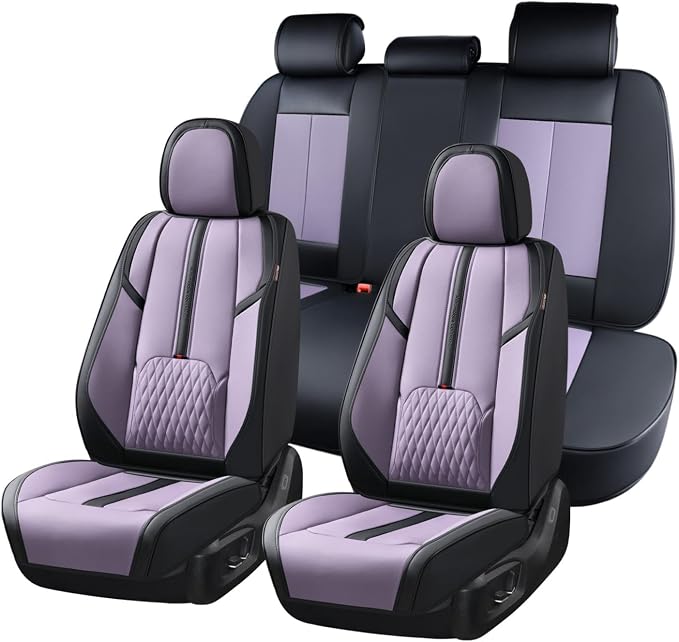 Coverado Seat Covers for Front and Back Seat, 5 Seat Car Seat Covers Waterproof, Leather Seat Covers for Cars with Lumbar Support, Car Seat Protectors Universal Fit for Most Vehicles (Black&Purple)