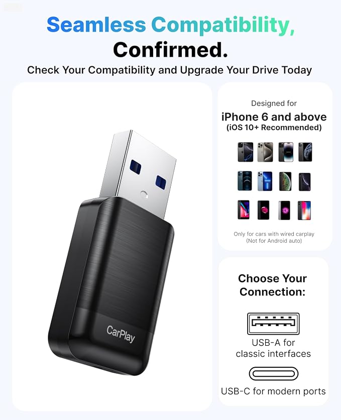 Wireless CarPlay Adapter for Apple iPhone, 2026 Convert Wired to Car Play Wireless, Plug & Play, Auto-Connect, Ultra Mini Car Play Adapter with USB A/C, No Latency for iPhone iOS 10+(2017+ Vehicles)