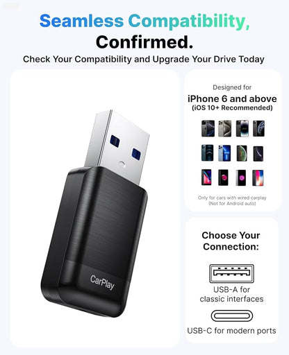 Wireless CarPlay Adapter for Apple iPhone, 2026 Convert Wired to Car Play Wireless, Plug & Play, Auto-Connect, Ultra Mini Car Play Adapter with USB A/C, No Latency for iPhone iOS 10+(2017+ Vehicles)