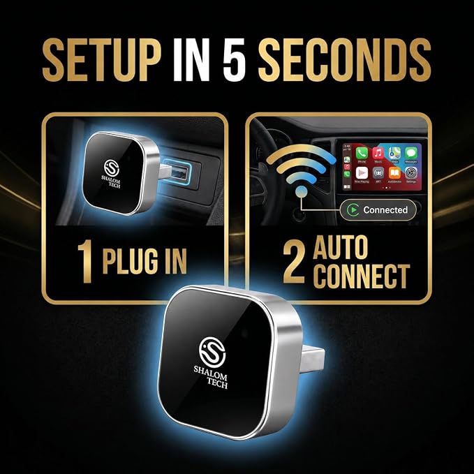 Wireless Car Play Adapter & Car Play Wireless Adapter 2-in-1, SHALOM TECH 5.8GHz Wired to Wireless Dongle, Plug & Play for Factory Wired CarPlay Cars, USB A USB C - (Silver).
