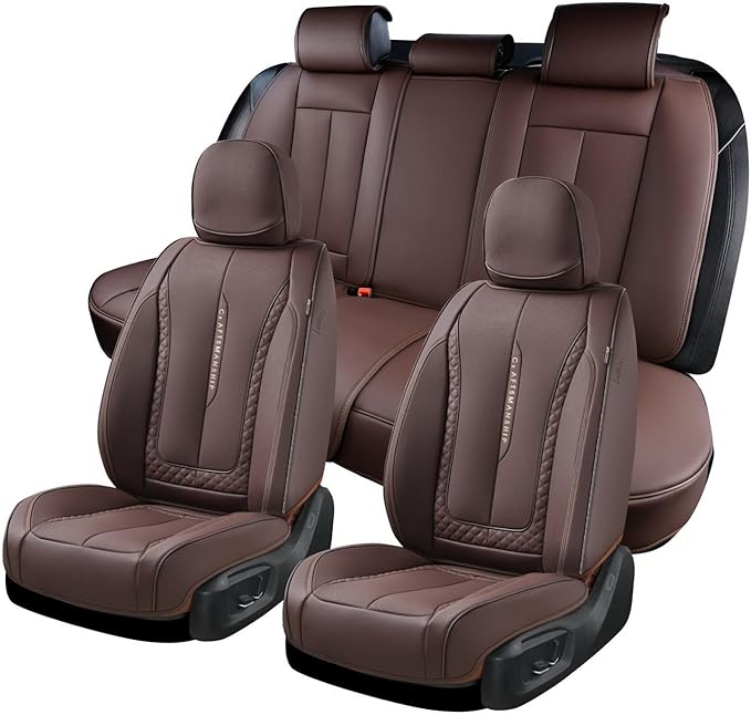 Coverado Car Seat Cover Full Set, Brown Seat Covers Front Seats Back Seat Covers, Nappa Leather Waterproof, Car Seat Cushion, Car Seat Protector Universal Fit Most Cars