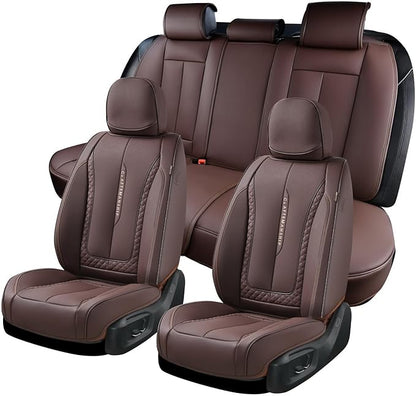 Coverado Car Seat Cover Full Set, Brown Seat Covers Front Seats Back Seat Covers, Nappa Leather Waterproof, Car Seat Cushion, Car Seat Protector Universal Fit Most Cars