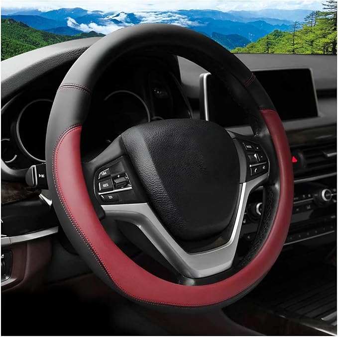 Car Steering Wheel Cover, 14.5"-15" Leather Anti-Slip Sporty Vehicle Steering Wheel Protector, Soft Breathable Auto Interior Decoration Accessories, Universal for SUV Truck Sedan (Wine Red)