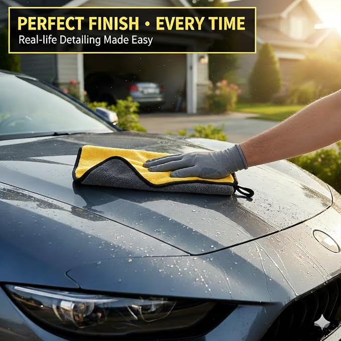 Premium Dual-Sided Microfiber Car Cleaning Towel – 15.5" x 11.8" Scratch-Free, Super Absorbent, Lint-Free Cloth for Auto Detailing, Polishing, Drying & Washing – Yellow & Gray