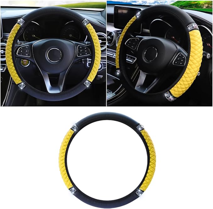 Bling Soft Leather Steering Wheel Cover, 15 Inch Colorful Rhinestones Auto Elastic Protector with Crystal Diamond for Women Girls, Car Accessories for Most Cars, SUVs (Yellow)