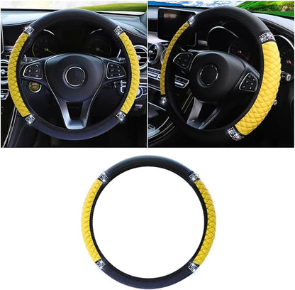Bling Soft Leather Steering Wheel Cover, 15 Inch Colorful Rhinestones Auto Elastic Protector with Crystal Diamond for Women Girls, Car Accessories for Most Cars, SUVs (Yellow)
