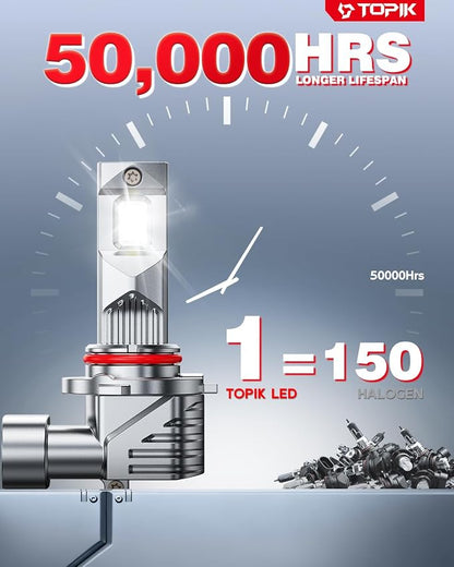 TOPIK 9005/HB3 LED Bulb, 900% Brighter & Clearer Than Stock, CANbus Ready, Fog Bulbs 9005 for Powersports IP68 50000Hrs Lifespan, 1:1 Size 3 Mins Installation, 2 Pack