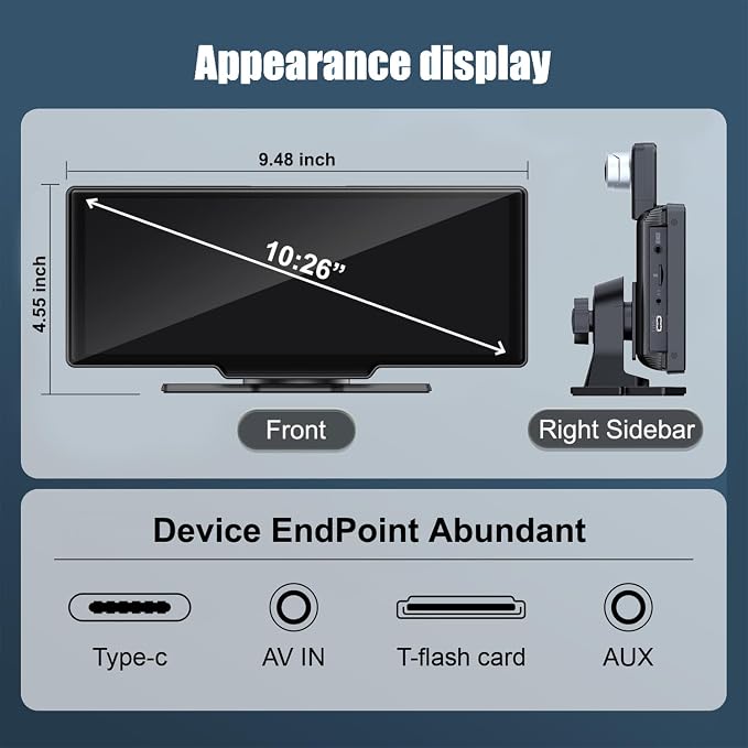 10.26" HD Carplay Screen for Car Stereo, 4K Dash Cam Wireless Portable Touch Screen Car Play with Apple Carplay & Android Auto with 1080P Back Up Camera, Bluetooth, Mirror Link, GPS, AUX+64GB