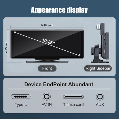10.26" HD Carplay Screen for Car Stereo, 4K Dash Cam Wireless Portable Touch Screen Car Play with Apple Carplay & Android Auto with 1080P Back Up Camera, Bluetooth, Mirror Link, GPS, AUX+64GB