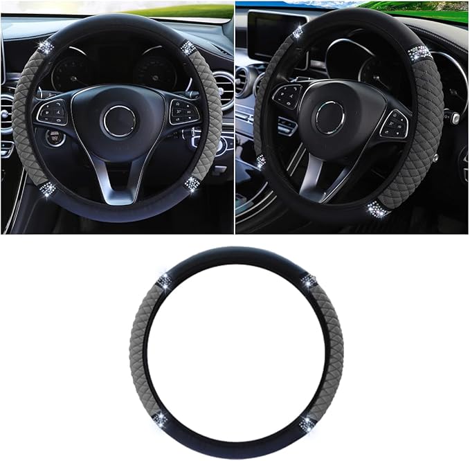 Bling Soft Leather Steering Wheel Cover, 15 Inch Colorful Rhinestones Auto Elastic Protector with Crystal Diamond for Women Girls, Car Accessories for Most Cars, SUVs (Grey)