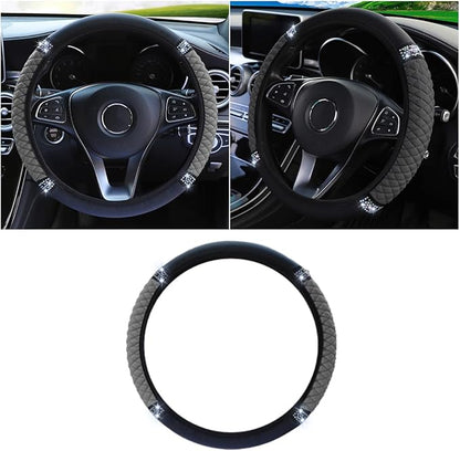 Bling Soft Leather Steering Wheel Cover, 15 Inch Colorful Rhinestones Auto Elastic Protector with Crystal Diamond for Women Girls, Car Accessories for Most Cars, SUVs (Grey)