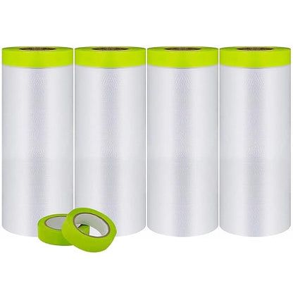 Pre-Taped Masking Film-55inx65ft Tape and Drape Painters Paper Rolls, Plastic Painting Film for Automotive Painting Covering （Masking Film:4rolls,Tape:2rolls）
