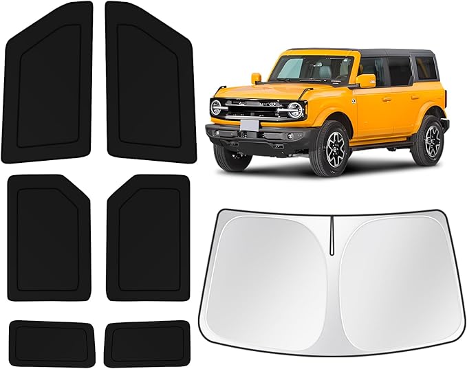 KUST Car Window Shades for Ford Bronco 2021-2025 2026 Windshield Sun Shade Side Window Cover UV Block Privacy Protection Accessories for Camping Blackout Rear Back Full Set 7PCS