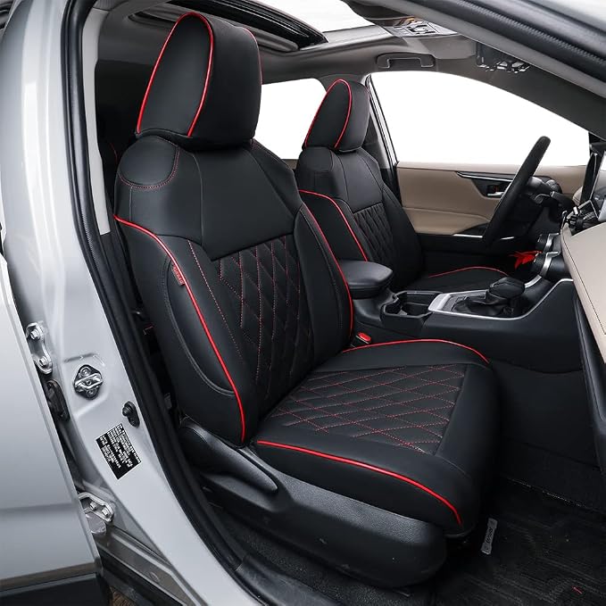 EKR Rav4 Seat Covers Custom Fit for Toyota Rav4 2021-2024 Prime SE,XSE & 2019-2025 Hybrid/PHEV SE,XSE, Leather Car Seat Cover Full Set for SUV,Faux Leather(Black with Red Trim)