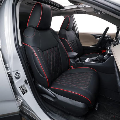 EKR Rav4 Seat Covers Custom Fit for Toyota Rav4 2021-2024 Prime SE,XSE & 2019-2025 Hybrid/PHEV SE,XSE, Leather Car Seat Cover Full Set for SUV,Faux Leather(Black with Red Trim)