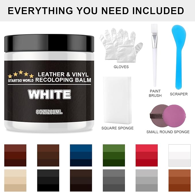 STARTSO WORLD Leather Recoloring Balm - Repair Kit for White Furniture and Car Seats | Scratch Remover, Restores Faded Leather