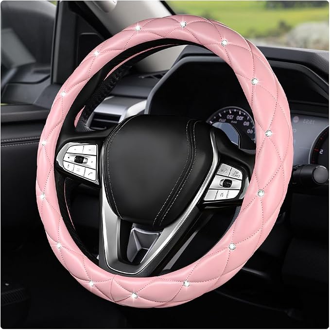 Bling Car Steering Wheel Cover, 15 Inch Diamond Leather Anti-Slip Auto Steering Wheel Protector, Cute Sparkly Rhinestones Wheels Cover Automotive Decoration for Women Girl (Pink)