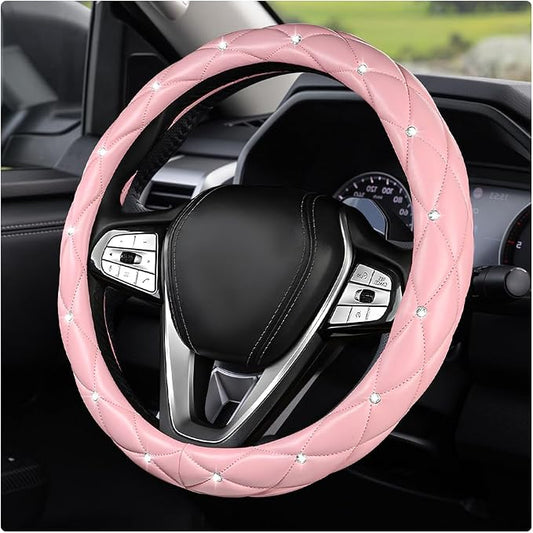Bling Car Steering Wheel Cover, 15 Inch Diamond Leather Anti-Slip Auto Steering Wheel Protector, Cute Sparkly Rhinestones Wheels Cover Automotive Decoration for Women Girl (Pink)