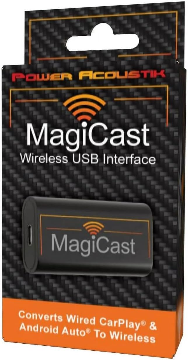 Power Acoustik MagiCast Wireless CarPlay & Android Auto Adapter – Plug & Play Dongle Converts Wired Car Stereos to Wireless – Universal Fit, Fast Auto-Pairing, USB Connection