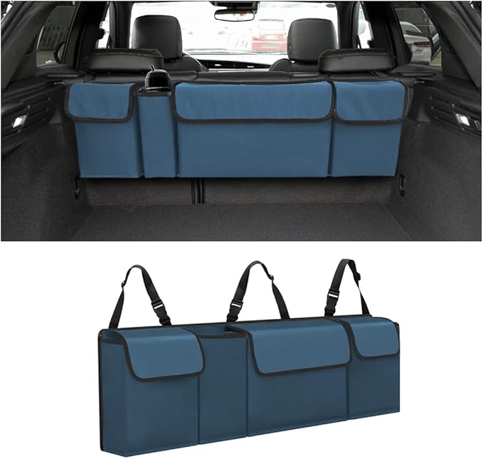 AUCELI Car Trunk Organizer, Backseat Hanging Large Storage with Adjustable Straps, Waterproof Collapsible Cargo Bag with 4 Pockets, Sturdy Space Saver Frees Trunk Floor for SUV, Truck, MPV