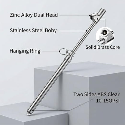 Truck Tire Gauge Dual Head Tire Pressure Gauge Heavy Duty Truck Air Chuck Range 10-150PSI 1-10Bar Pen Tires Gauges Extension Straight Foot Chuck Auto Service Gauges for Semi Trucks RV Motorcycle Car
