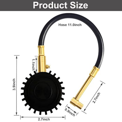 Motorcycle Tire Pressure Gauge 60 PSI, PUIBERS 2’’ dial Mechanical Tire Gauges with 90 Degree Right Angle Chuck Flexible Hose, Tires Guages for Pressure Glow in The Dark for Cars, Motos, Bicycles
