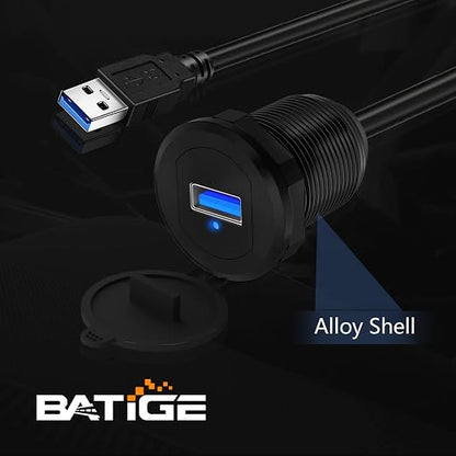 Alloy Single Port USB 3.0 Dashboard Port Car Mount Flush Cable, Male to Female Waterproof Extension Cable for Car Truck Boat Motorcycle with LED Indicator - 3ft