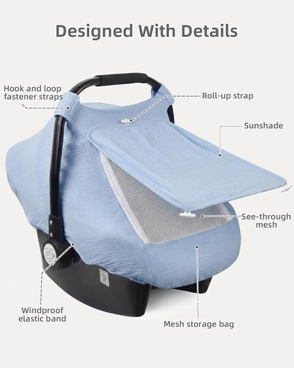 Rquite Car Seat Cover Baby Girl Boy, 100% Muslin Cotton Carseat Covers, Breathable Infant Windproof Canopy with Mesh Window, Stroller Sun Shade for Summer & Hot Day, Baby Blue