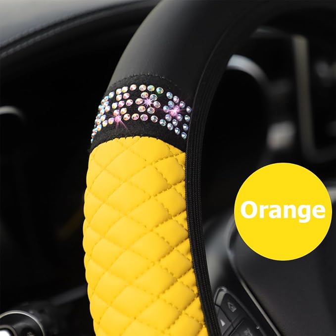 Osilly Bling Car Steering Wheel Cover, 15 Inch Rhinestones Soft Leather Elastic Steering Wheel Protector, Sparkly Crystal Diamond for Women Girls (Yellow)