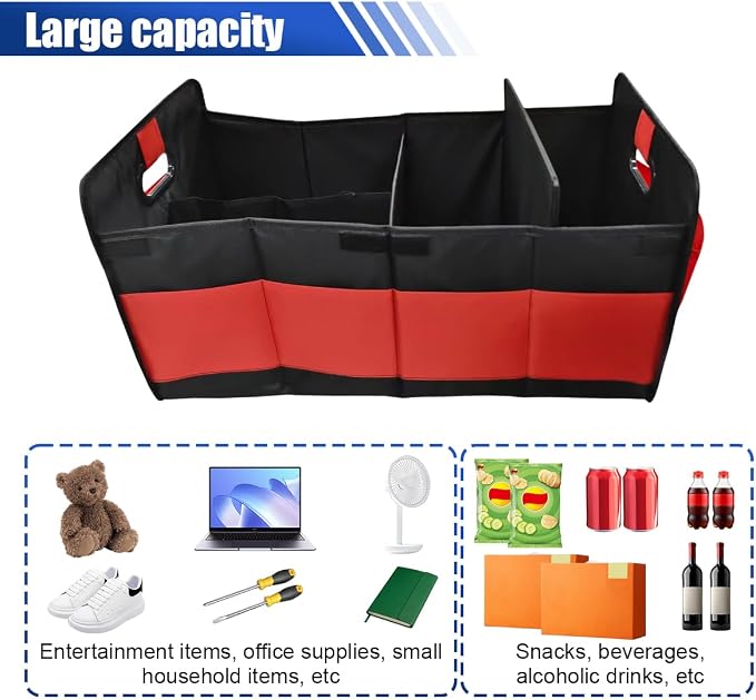 Car Trunk Organizer, Large Capacity Oxford Cloth Car Storage Box, Collapsible Multi-Compartment Organization Container, Waterproof Auto Interior Storage Accessories (Red)