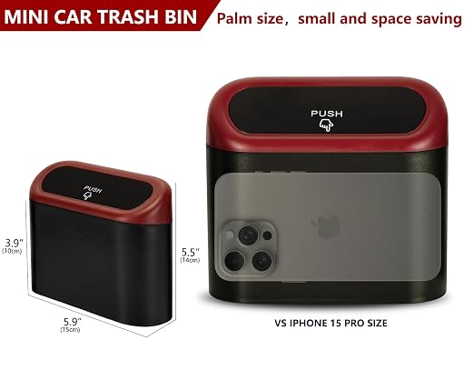Ginsco Mini Car Trash Can with Lid, Small Car Garbage Can, Cute Leakproof ABS Car Trash Bin, Car Accessories for Interior, Garbage Bin for Car, Home, Office with 60pcs Trash Bags Black/Red