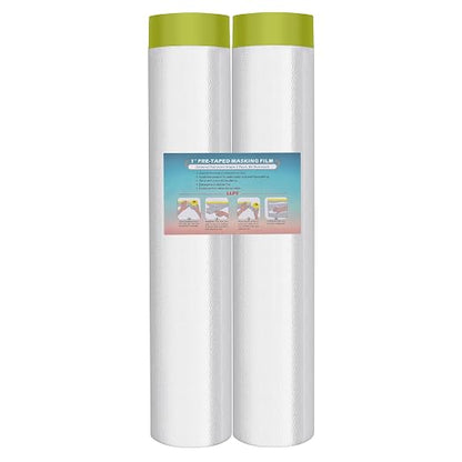 LLPT Pre-Taped Masking Film, 106.3" Unfolded x 66Ft, 0.31 Mil, 2 Pack | Static-Cling, Disposable, Solvent & Oil Resistant Bleed-Proof Low Tack No Residue for Auto Wall Furniture Painting Protection