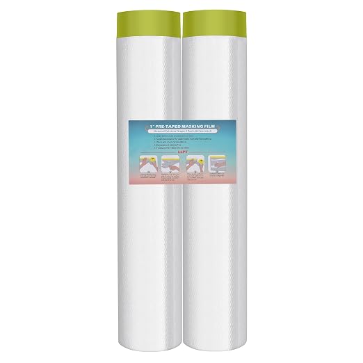 LLPT Pre-Taped Masking Film, 106.3" Unfolded x 66Ft, 0.31 Mil, 2 Pack | Static-Cling, Disposable, Solvent & Oil Resistant Bleed-Proof Low Tack No Residue for Auto Wall Furniture Painting Protection