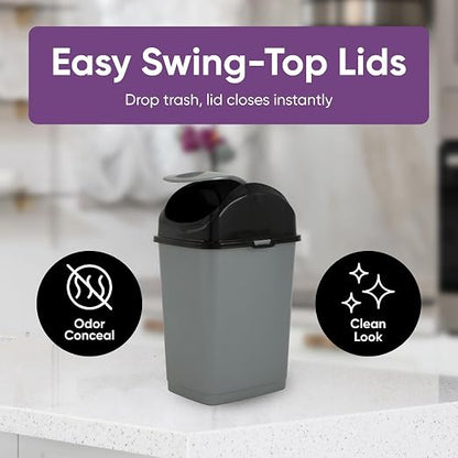 Superio Mini 1.25 Gallon and Small 2.5 Gallon Plastic Trash Cans with Swing Top Lid, Grey Waste Bin for Countertop, Desk, Vanity, Bathroom, 2 Pack (Grey/Black)