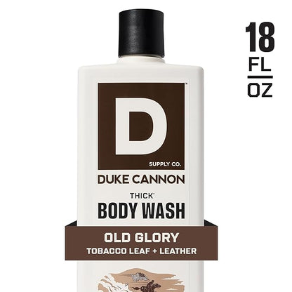 Duke Cannon Supply Co. Thick High Viscosity Body Wash – 3X Thicker, Cleansing Shower and Bath Gel, Mineral-Enriched for Men – Tobacco Leaf + Leather - Men’s Body Scrub – Old Glory Scent